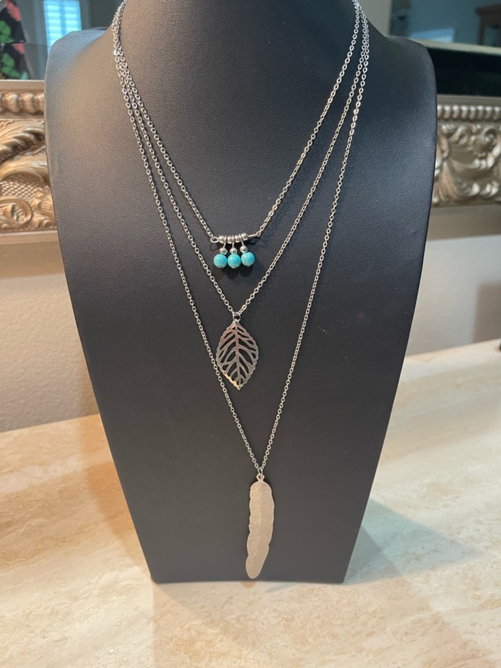 Layered Silver Necklace with Turquoise Beads and Leaf Pendants
